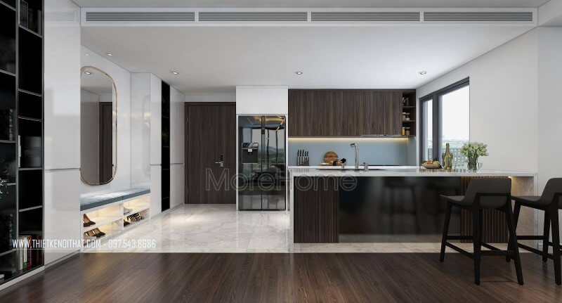 Thiết kế nội thất không gian phòng bếp đa năng với mẫu tủ bếp gỗ công nghiệp tinh tế. mẫu tủ bếp gỗ công nghiệp An Cường