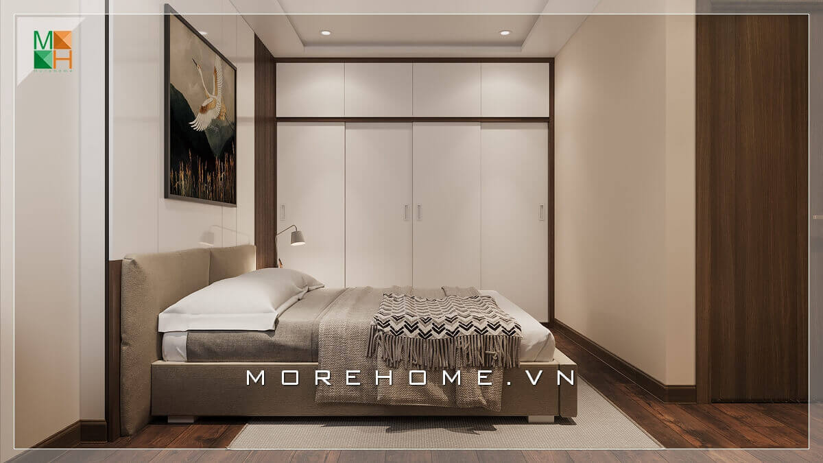 Phòng ngủ được thiết kế theo phong cách Nhật, với tủ gỗ công nghiệp kịch trần cánh lùa vừa tiện lợi mà vẫn tiết kiệm không gian sử dụng, kết hợp giường ngủ gỗ công nghiệp bọc nệm nỉ đầu giường, tạo sự thoải mái cho bạn khi sinh hoạt và nghỉ ngơi