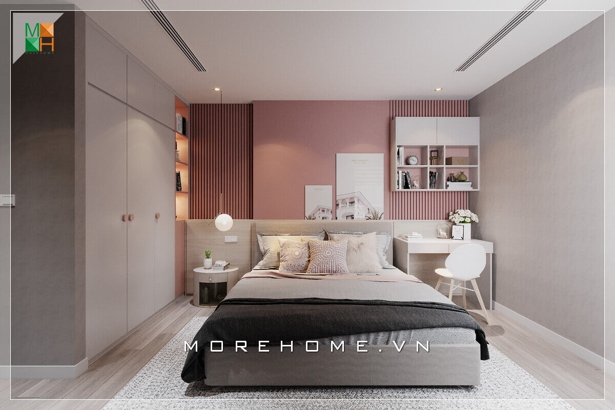 Mẫu thiết kế giường ngủ bằng gỗ công nghiệp bọc nệm nỉ êm ái đầu giường, phù hợp chung cư, nhà phố, biệt thự phong cách hiện đại