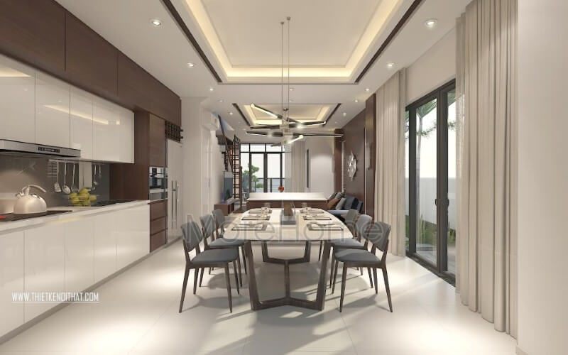 Phòng ăn sang trọng với gỗ tự nhiên cao cấp đang là xu hướng được rất nhiều gia đình ưa chuộng hiện nay, đặc biệt là các không gian biệt thự lớn, làm nổi bật nét lịch lãm trong phong cách của chủ nhà