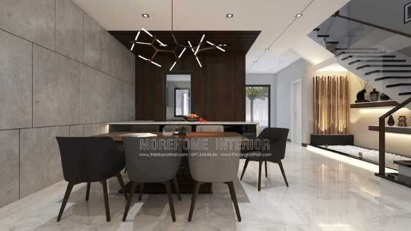 Trang trí phòng ăn hiện đại độc đáo dành cho không gian rộng như nhà phố, biệt thự với ý tưởng trang trí mở phòng ăn liền kề phòng khách, phòng bếp.