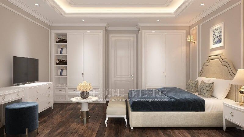 Mẫu giường ngủ có hình dáng cổ điển với viền bọc bằng vải và đường cong mềm mại, tạo cảm giác ấm áp và ấn tượng.